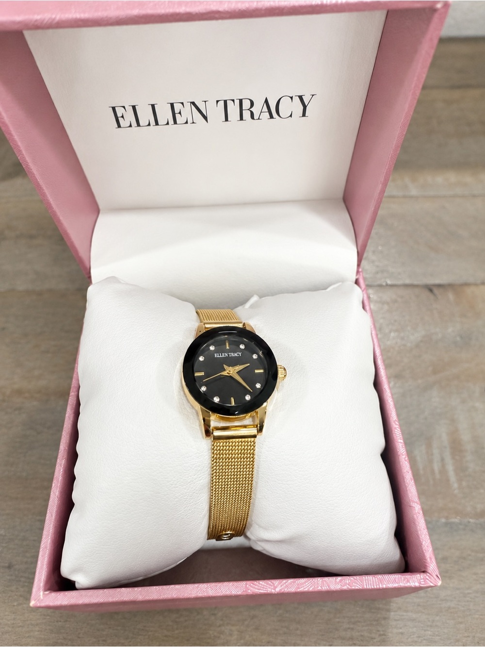 Ellen Tracy Gold Mesh Watch Black Crystal Dial New With Tags